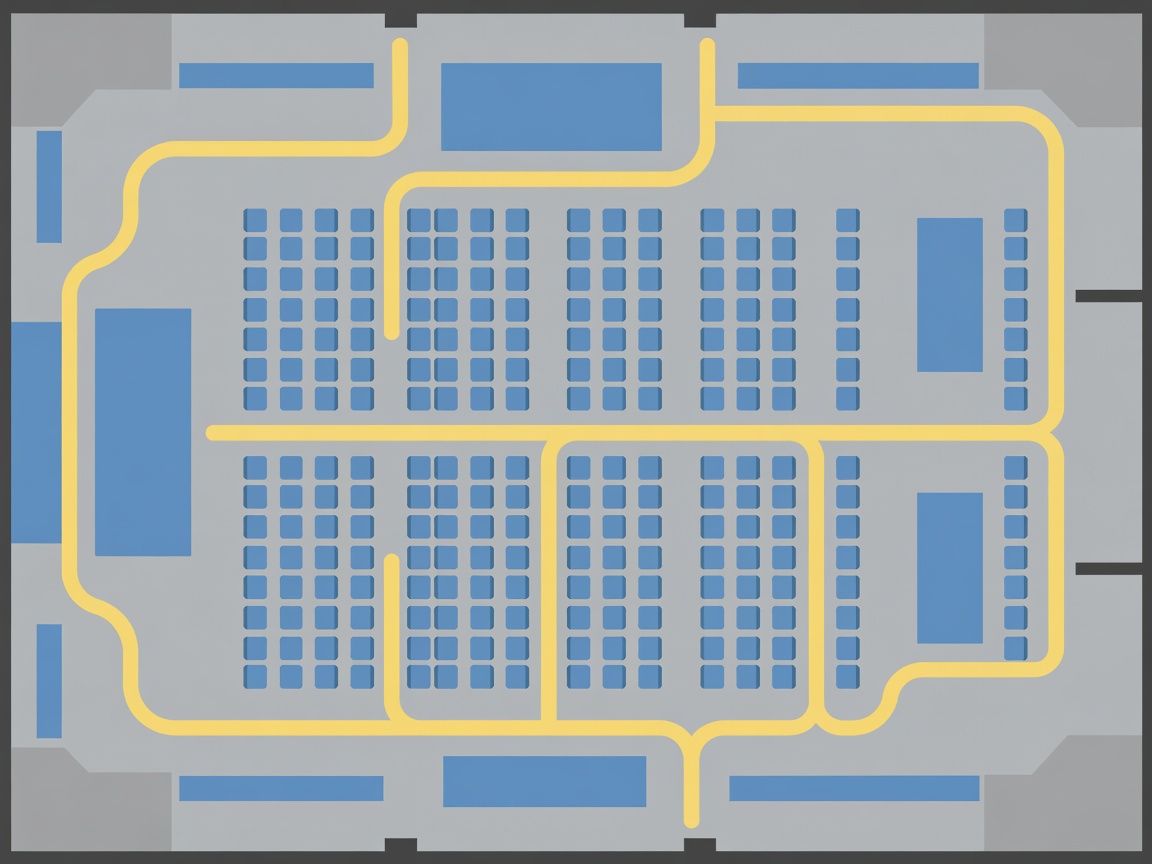 Vector top-down view of a room layout showing seating arrangements, catering paths, and speaker zones.