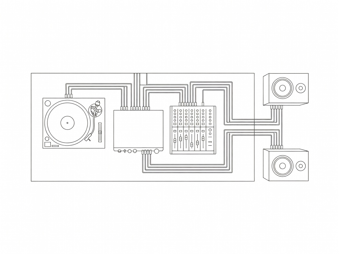 Vector schematic of a media desk showing amplifier, mixer, and cabled connections to dual active speakers.